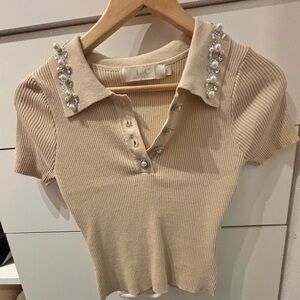 Elegant Beige Embellished Women's Button Down Shirt
